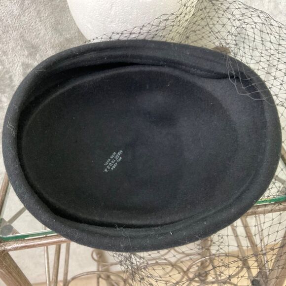 VTG  Black Wool Felt Hat Rhinestones Feather and Face Netting USA MADE * main image 7
